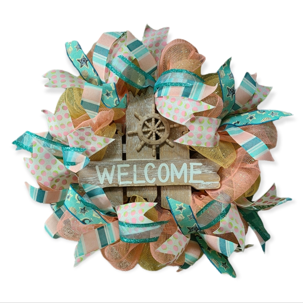 HANDMADE BEACH HOUSE WELCOME WREATH DECO MESH NAUTICAL SUMMER